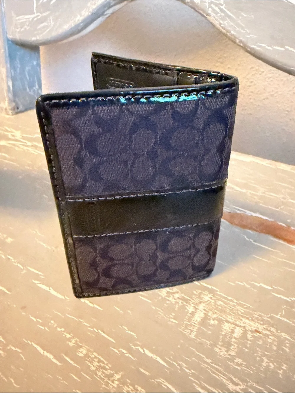Coach Black Patent Leather ID Card Case with Monogram Side
